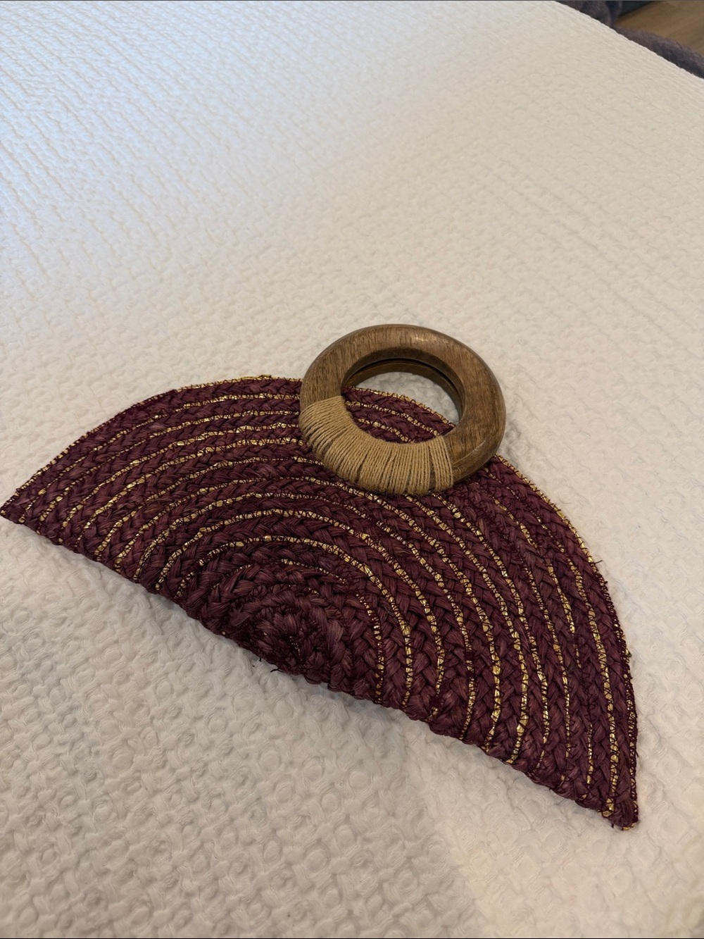 100% Jute Woven Half-Moon Clutch with Wooden Handle - Burgundy & Gold